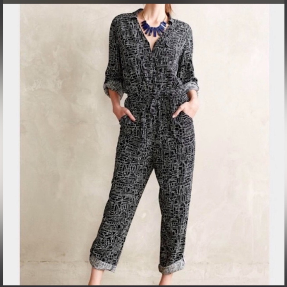 ANTHROPOLOGIE Lilka Women's Atacama Black Pattern Collared jumpsuit Small